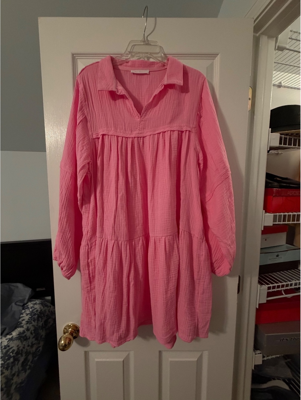 Pink tiered shirt dress -M